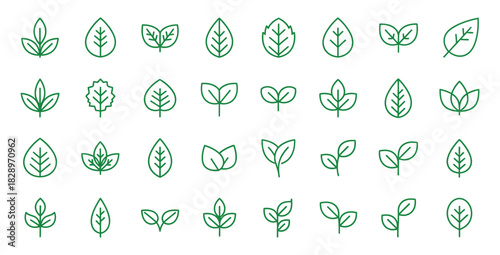 Collection of various green leaf icons representing nature and plant life on white background