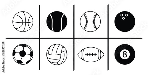Assorted sports balls arranged in a tictactoe grid pattern on a white background design