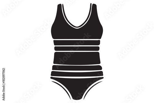 Simple black and white striped one piece swimsuit for women isolated on white background