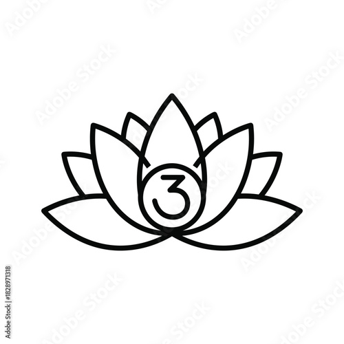 Elegant lotus flower with number three inside, a simple line art design for spiritual practices or yoga studio branding and mindful meditation concepts