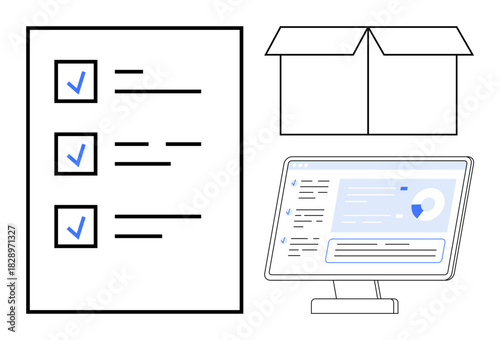 Checklist with ticked tasks, open shipping box, and desktop computer showcasing data insights and analytics. Ideal for productivity, e-commerce, shipping, organization, task tracking, digital tools