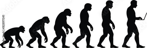 Depicting the human evolution from quadrupedal ape to a bipedal person holding a laptop