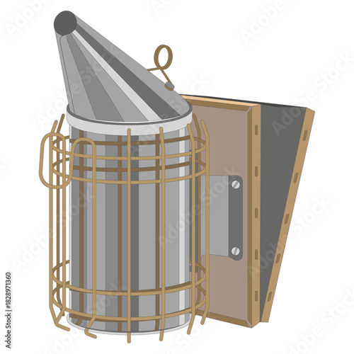 Vector illustration of a stainless steel bee smoker, isolated on a white background. Ideal for beekeeping themes and related designs.