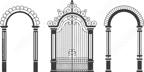 Decorative black silhouette gate with intricate patterns stands between two varied arched architectural elements