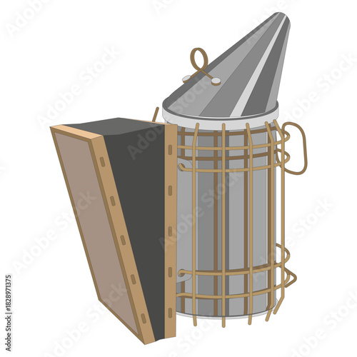 Vector illustration of a stainless steel bee smoker, isolated on a white background. Ideal for beekeeping themes and related designs.