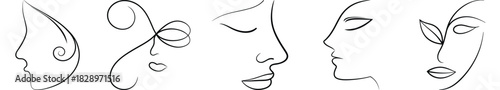 Collection of Minimalist Lineart Faces: Elegant Woman Profile Drawings for Beauty Concepts