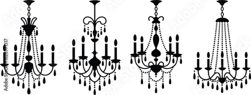 Displaying four distinct black silhouette chandeliers with multiple arms and hanging elements against white