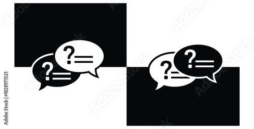 Black and white graphic of speech bubbles with question marks on a checkered background
