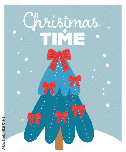 Christmas Time  with Christmas Tree and Ribbon, Snow Background