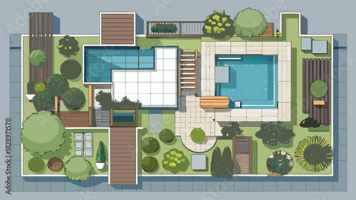 Beautiful Modern Garden and Backyard Layout with Pool, Patio, Green Lawn, and Relaxing Outdoor Spaces – A Friendly Top-View Landscape Design Illustration
