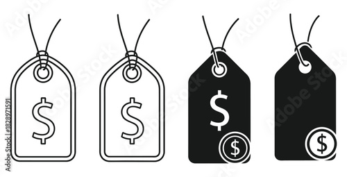 Four price tags with dollar signs in black and white representing retail and commerce