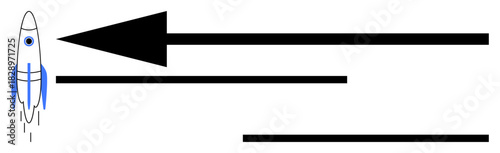 Rocket launch. Rocket with black arrow and lines movement, progress, and innovation. Rocket launch for technology, space exploration, startups, advertising, and branding