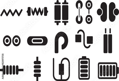 Collection of black electronic component icons on white background electronic components symbols