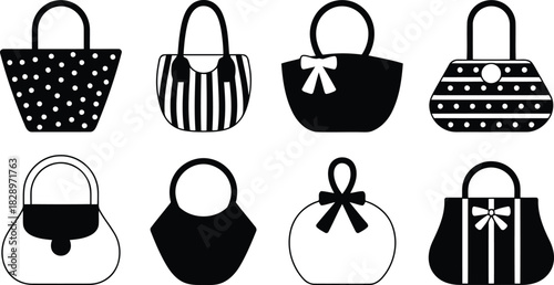 Diverse array of eight monochrome handbag icons illustrating different styles and decorative elements