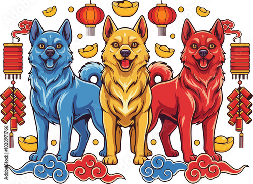 Three Zodiac Dogs in a Row – High-Detail New Year Vector Art