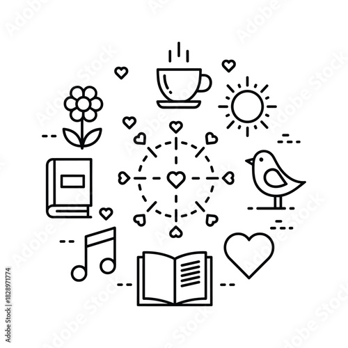 Stylized black outline plant vine with small leaves and curling tendrils design element