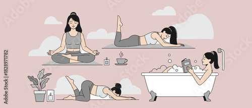 Woman practicing yoga stretching and relaxing in a bubble bath for self care day