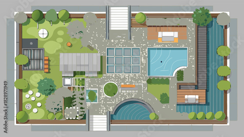 Beautiful Modern Garden and Backyard Layout with Pool, Patio, Green Lawn, and Relaxing Outdoor Spaces – A Friendly Top-View Landscape Design Illustration