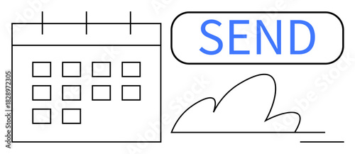 Minimalist design featuring a calendar grid, a cloud, and a large Send button. Ideal for schedule planning, reminders, communication, productivity, task tracking workflow and deadlines. Clean