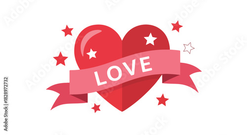 Romantic Love Heart Icon with Stars and a Ribbon for Valentine's Day or Wedding Decorations