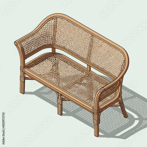 Stylized Isometric Illustration of Wicker Bench for Relaxation and Comfort