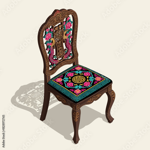 Antique Floral Chair with Intricate Carvings and Decorative Seat Design