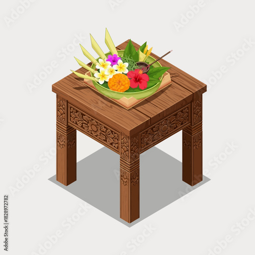 Balinese offering on a carved wooden table for spiritual practice ritual
