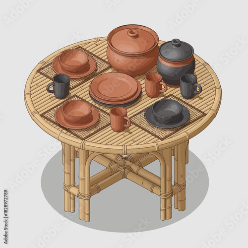 Cartoon illustration of a round bamboo table set with rustic earthenware dishes
