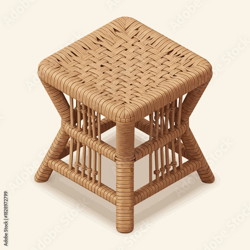 Charming Rattan Stool, handwoven stool isolated on a neutral background