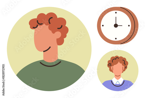 Two abstract individuals in circular frames, one near a clock, symbolize time, personal focus, relationships, and task management. Ideal for productivity, self-growth, teamwork schedules