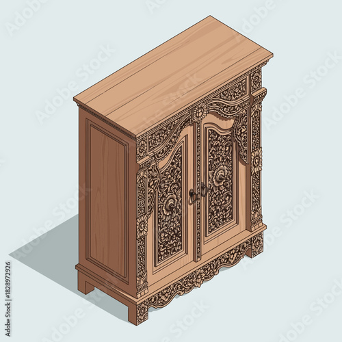 Illustration of an intricate wooden cabinet with floral carving details