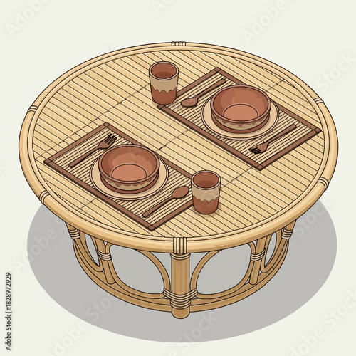 Illustration of a Woven Table Set with Dishes and Cutlery for Two People