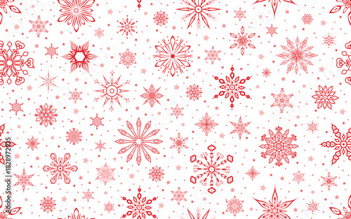 Winter seamless pattern. Festive background with white snowflakes and stars on red. For Christmas and New Year decorations, wallpaper, wrapping paper, fabric, or digital backgrounds.