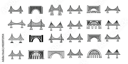 Diverse bridge icon set: suspension, arch, cable-stayed structures, vector outline design