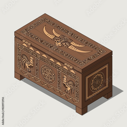 Intricately Carved Wooden Chest with Bovine and Avian Ornamental Motifs