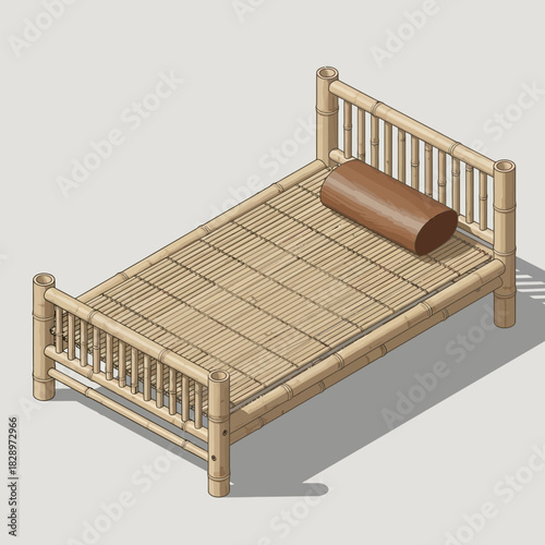 Isometric bamboo bed with unique bolster pillow for bedroom furnishing