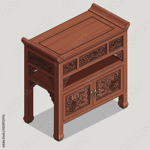 Isometric depiction of an ornate wooden cabinet with intricate phoenix designs
