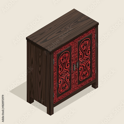 Isometric cabinet with intricate red ornamentation, designed with traditional charm