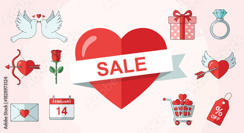 Valentine's Day Sale Heart, Love, and Festive Symbols for Promotional Offers