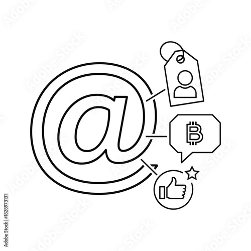 Outline icon set representing digital communication, social media engagement, cryptocurrency, and user tagging isolated on