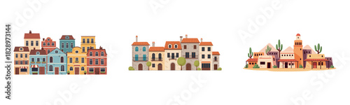 Colorful urban streetscape with diverse architectural styles