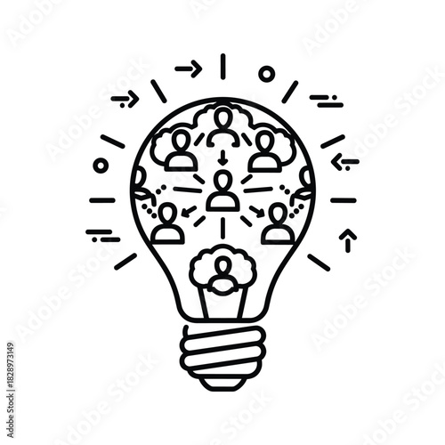Line art icon of a lightbulb filled with connected people representing teamwork, idea generation, and collaboration isolated on