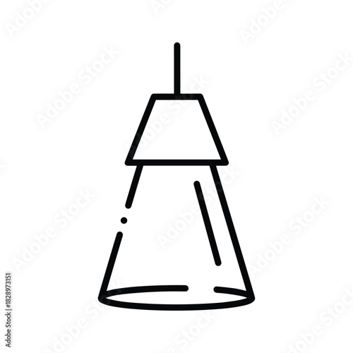 Simple black and white line art icon of a modern hanging pendant light fixture emitting a cone of light, isolated on