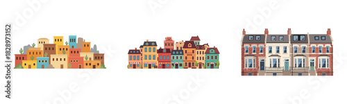 Colorful architectural styles: mediterranean, european, and british townhouses