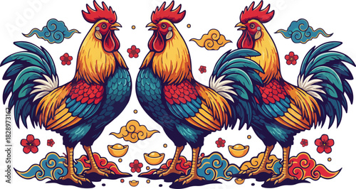Three Zodiac Roosters in a Row – High-Detail New Year Vector Art