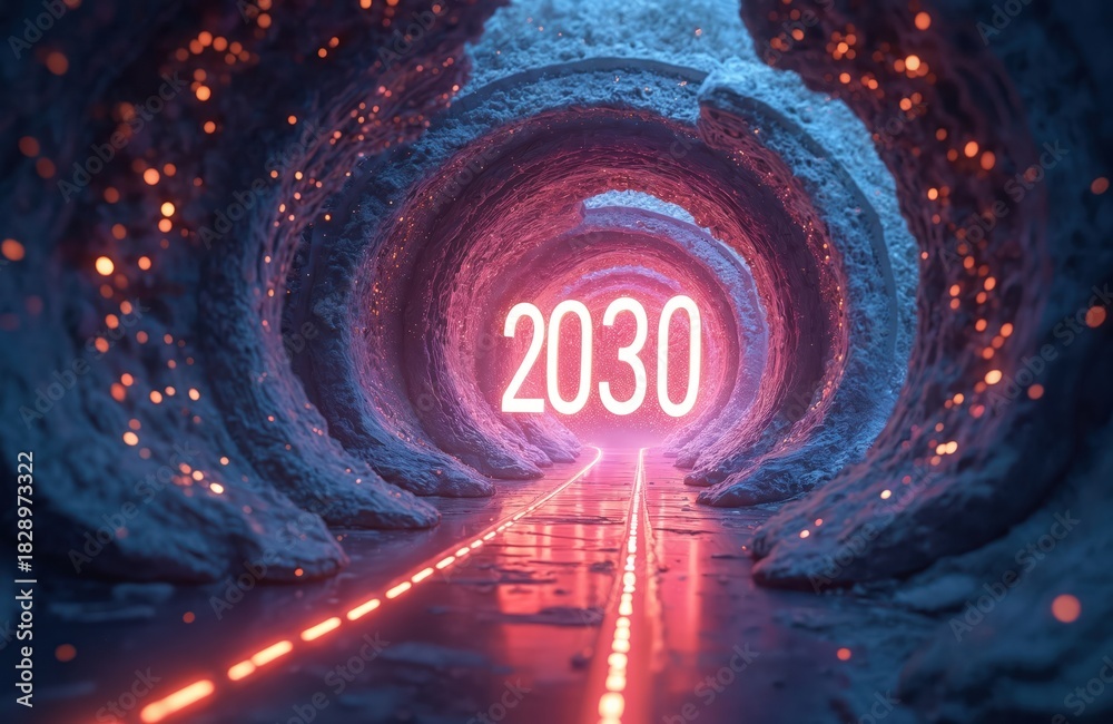 Fototapeta premium Glowing 2030 year inside futuristic tunnel. Abstract path leads to new decade of progress, innovation. Digital portal journey toward future discovery, hope, tech evolution. Glowing way forward
