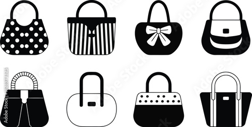 Eight distinct black and white handbag icons showcasing various fashionable designs and decorative patterns