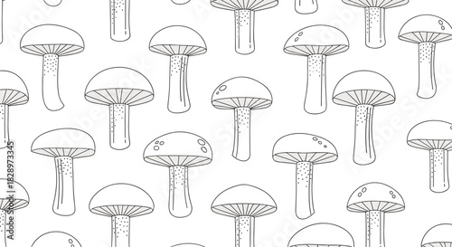 Seamless monochrome pattern of hand-drawn mushrooms in a simple line art style creating a minimalist and natural background design.