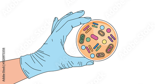Scientist in a blue glove holding up a petri dish for observation showcasing a colorful culture of various bacteria colonies.