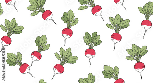Seamless repeating background pattern of cute hand-drawn red radishes with lush green leaves on a clean white backdrop illustration.
